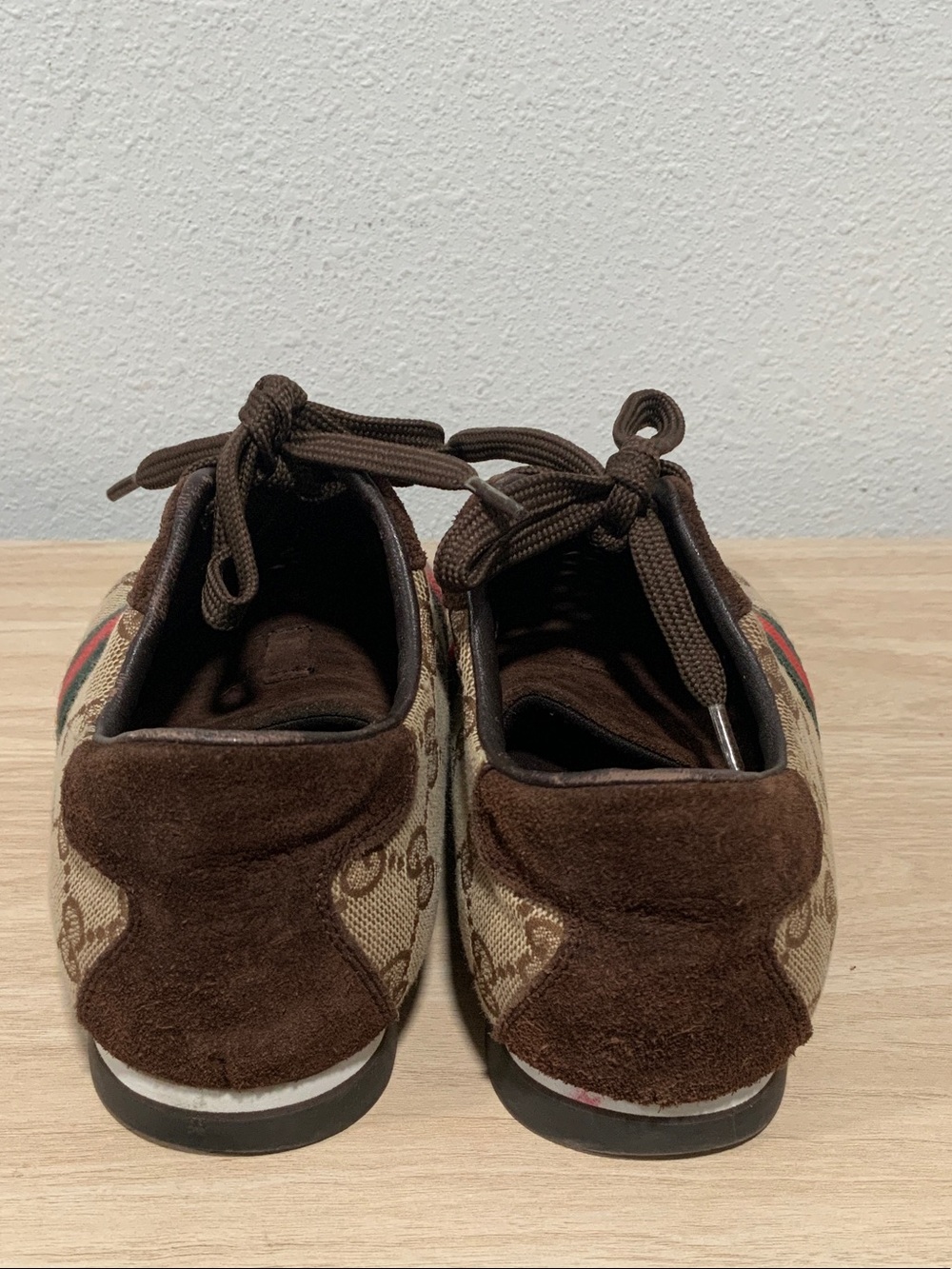 Gucci Brown Monogram Canvas Sneakers with Green-Red Stripe - Picture 3 of 3